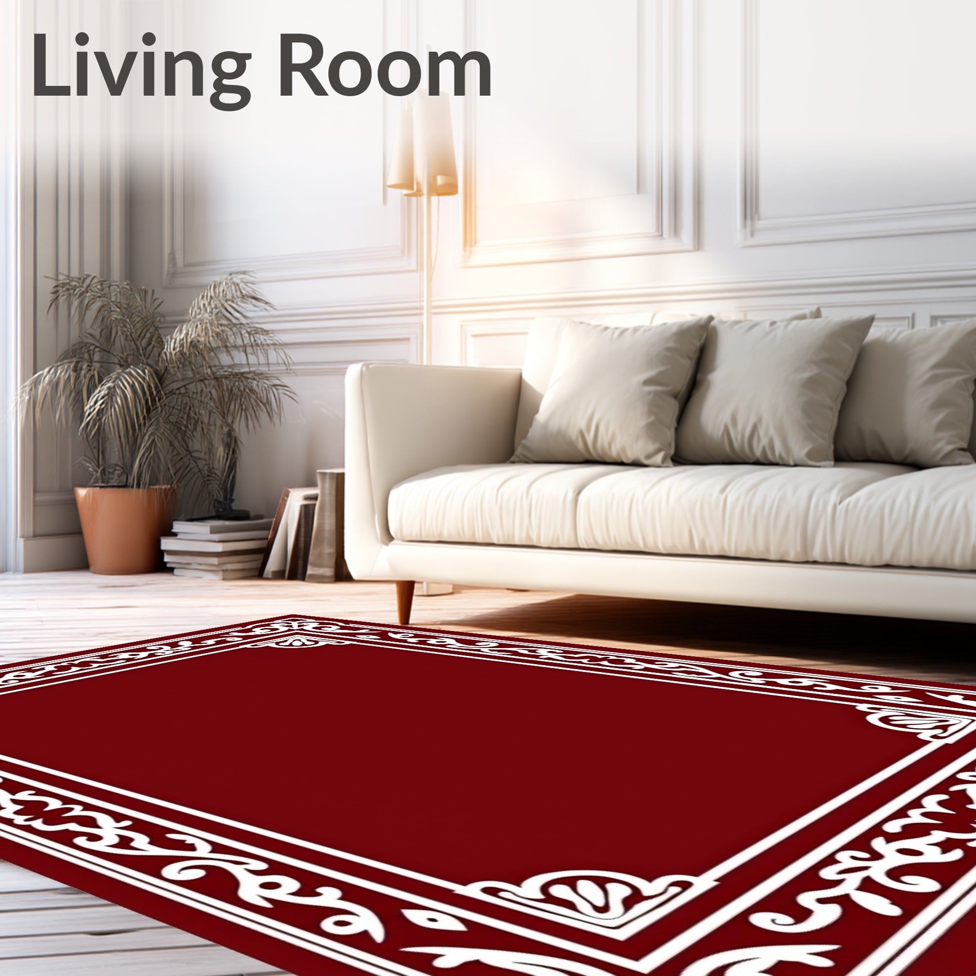 Deep Red Ornate Scrollwork Border Rug