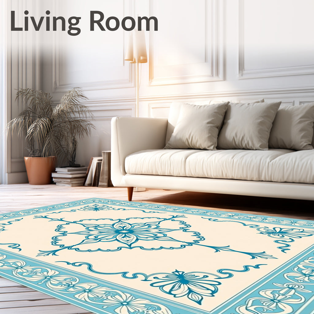 Cerulean Blue Floral Medallion Border Rug