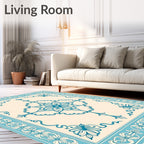 Cerulean Blue Floral Medallion Border Rug