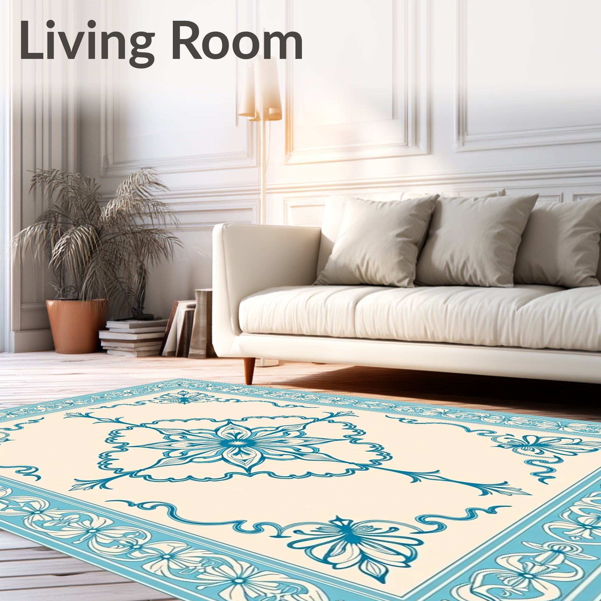 Cerulean Blue Floral Medallion Border Rug