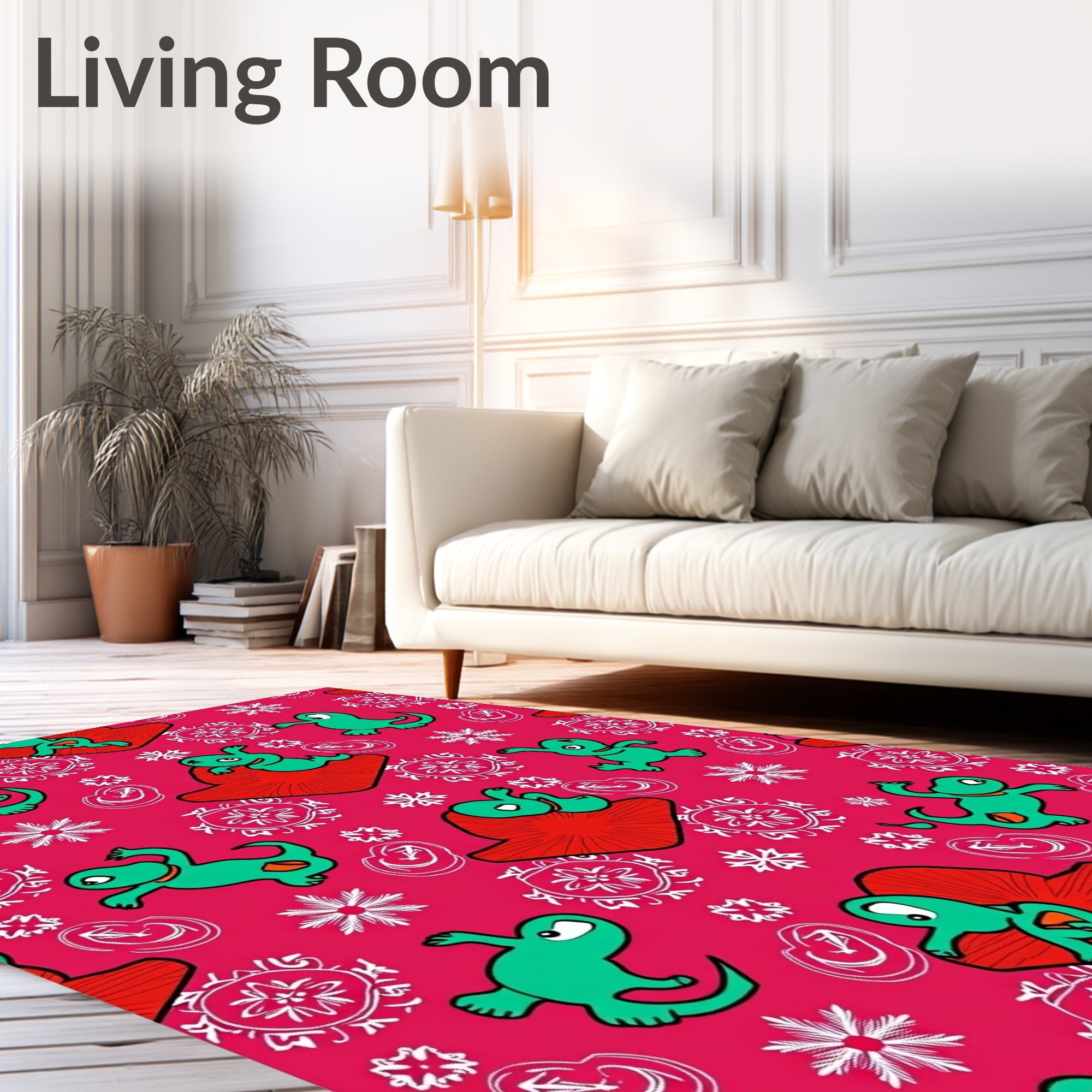 Whimsical Green Creatures Red Blooms Rug