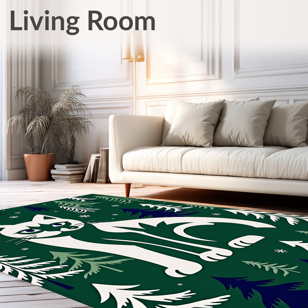 White Cat Forest Scene Rug