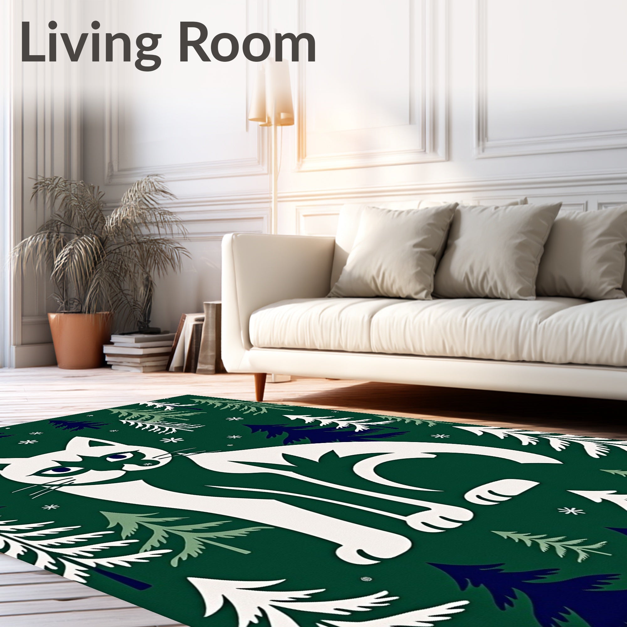 White Cat Forest Scene Rug