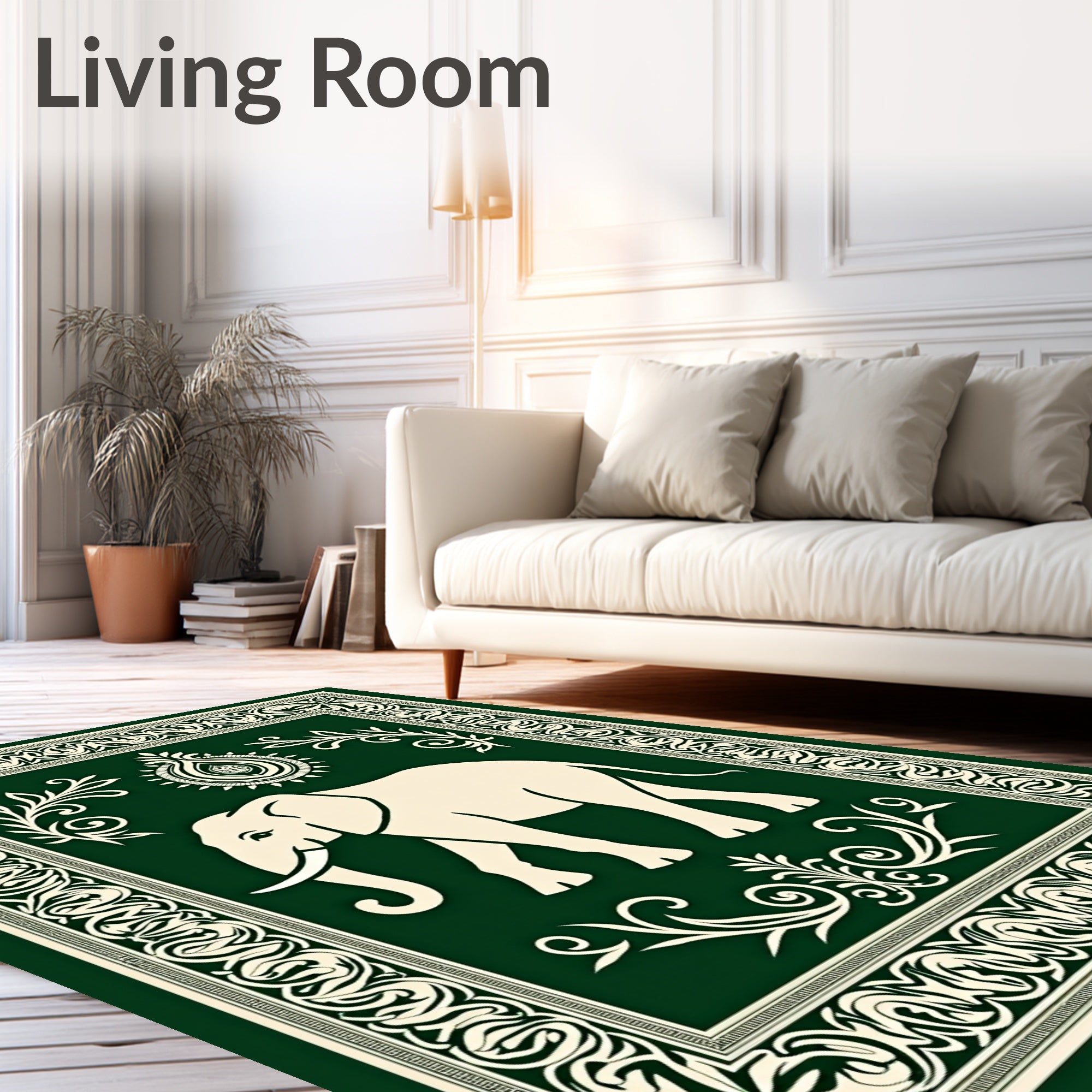 Cream Elephant Emerald Border Rug