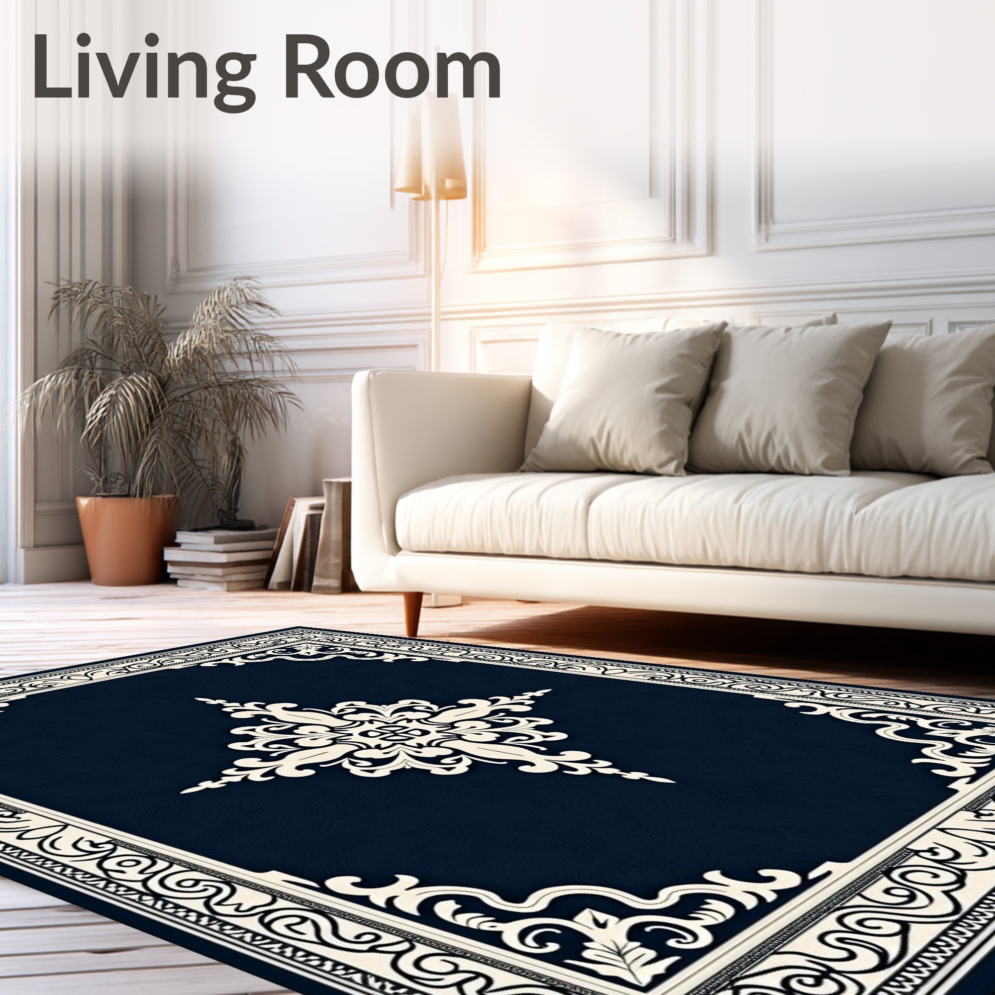 Cream Floral Medallion Navy Border Rug