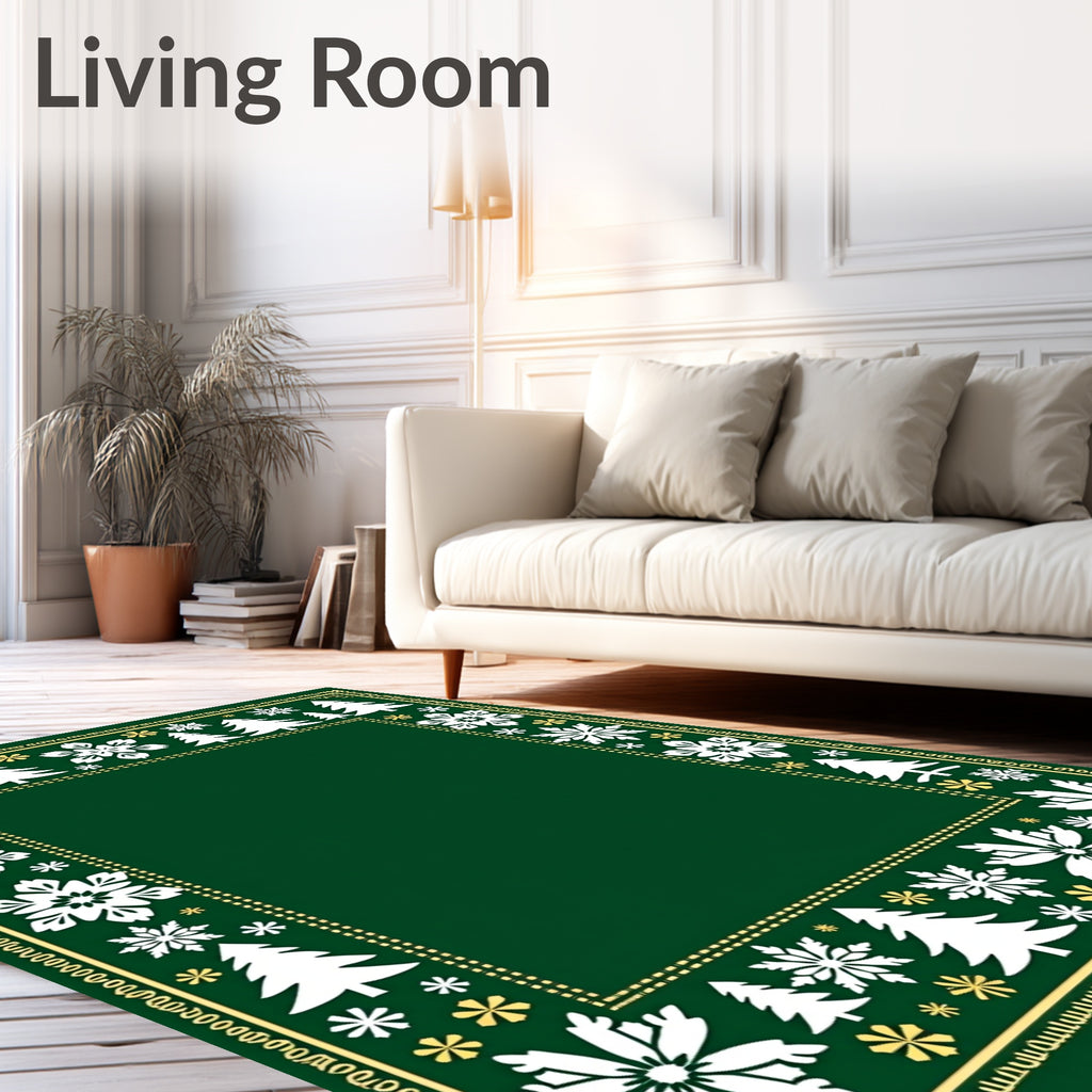 Green White Pine Snowflake Border Rug