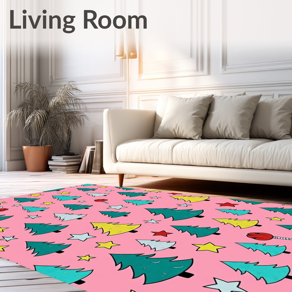 Pink Christmas Trees and Stars Cotton Rug