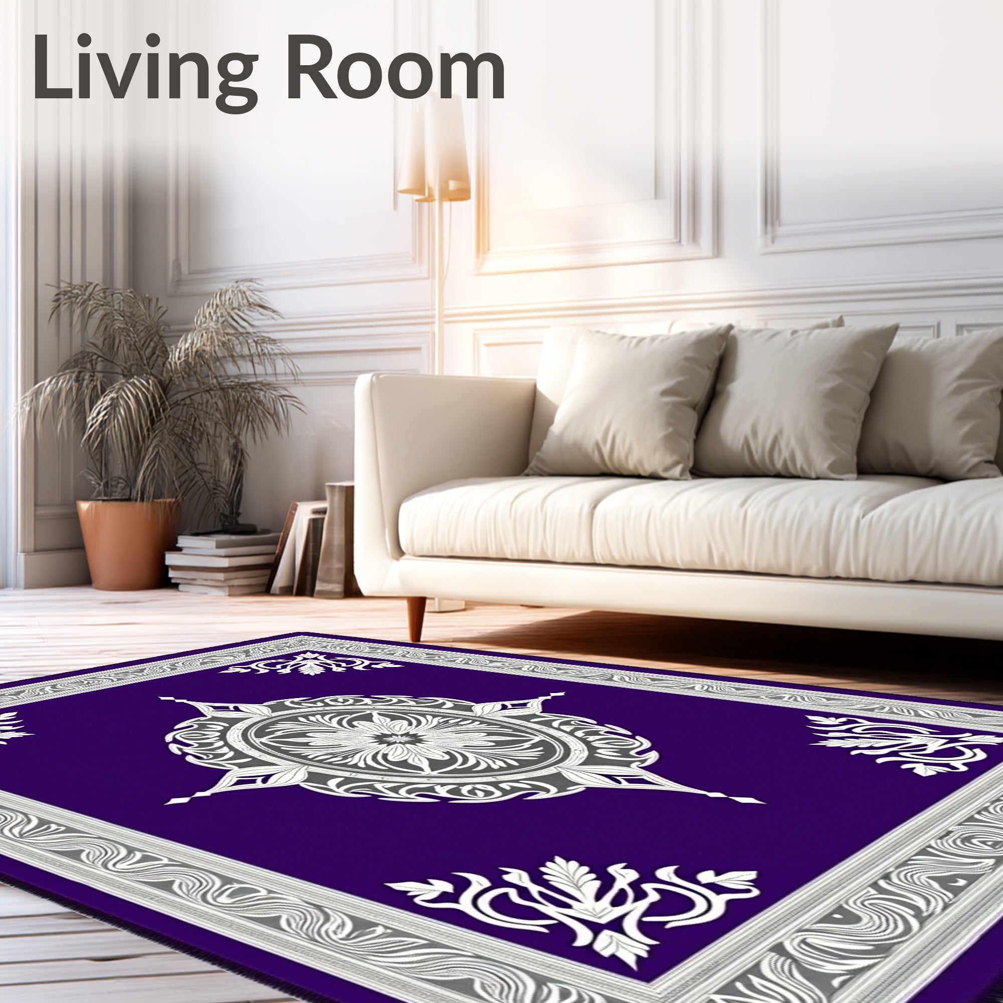 Royal Purple White Scroll Medallion Rug