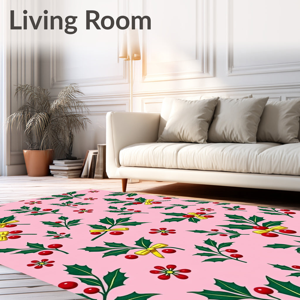 Pink Holly Berry Bow Festive Christmas Rug