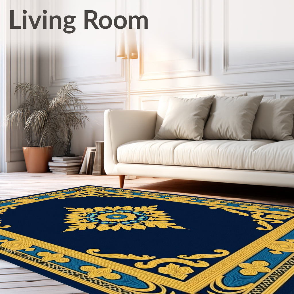 Ornate Navy Blue Gold Floral Medallion Rug