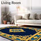 Ornate Navy Blue Gold Floral Medallion Rug