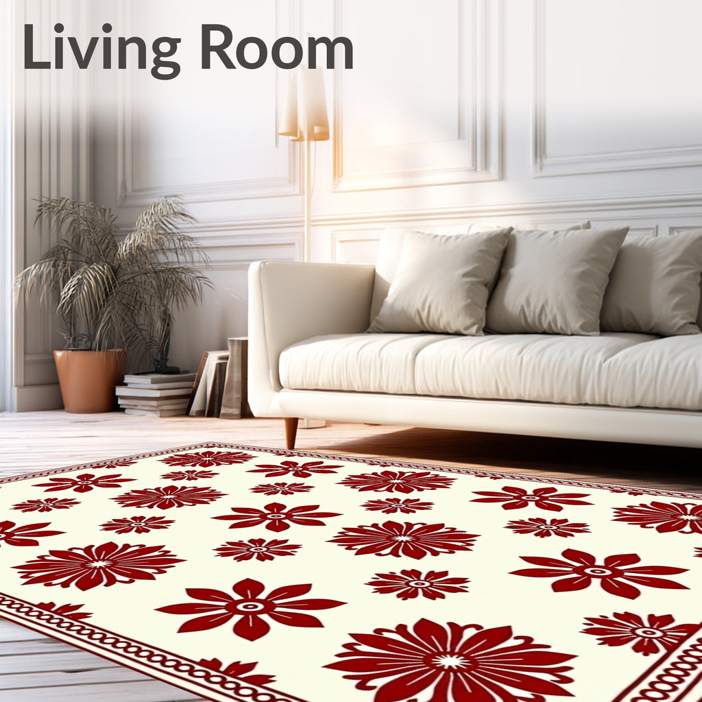 Deep Red Floral Medallion Ivory Rug