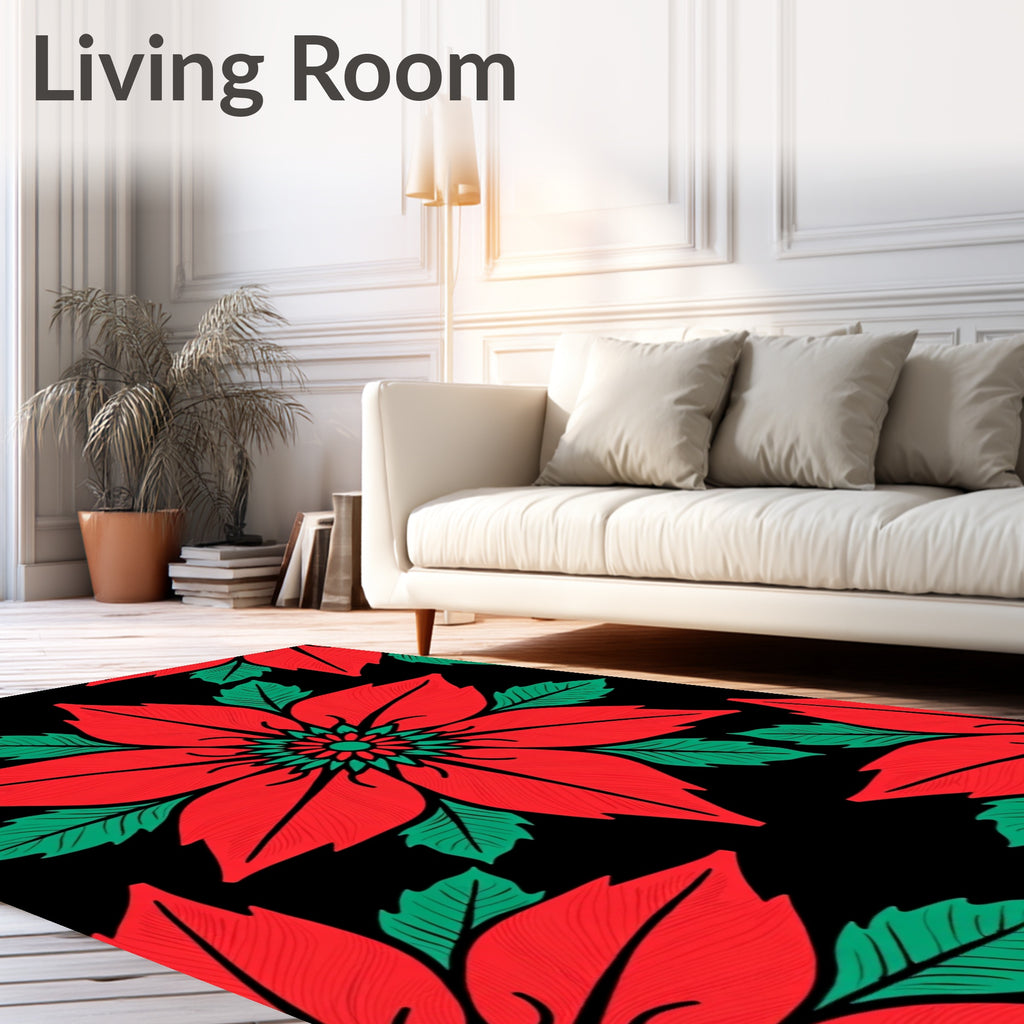 Crimson Flower Bloom Green Leaves Rug