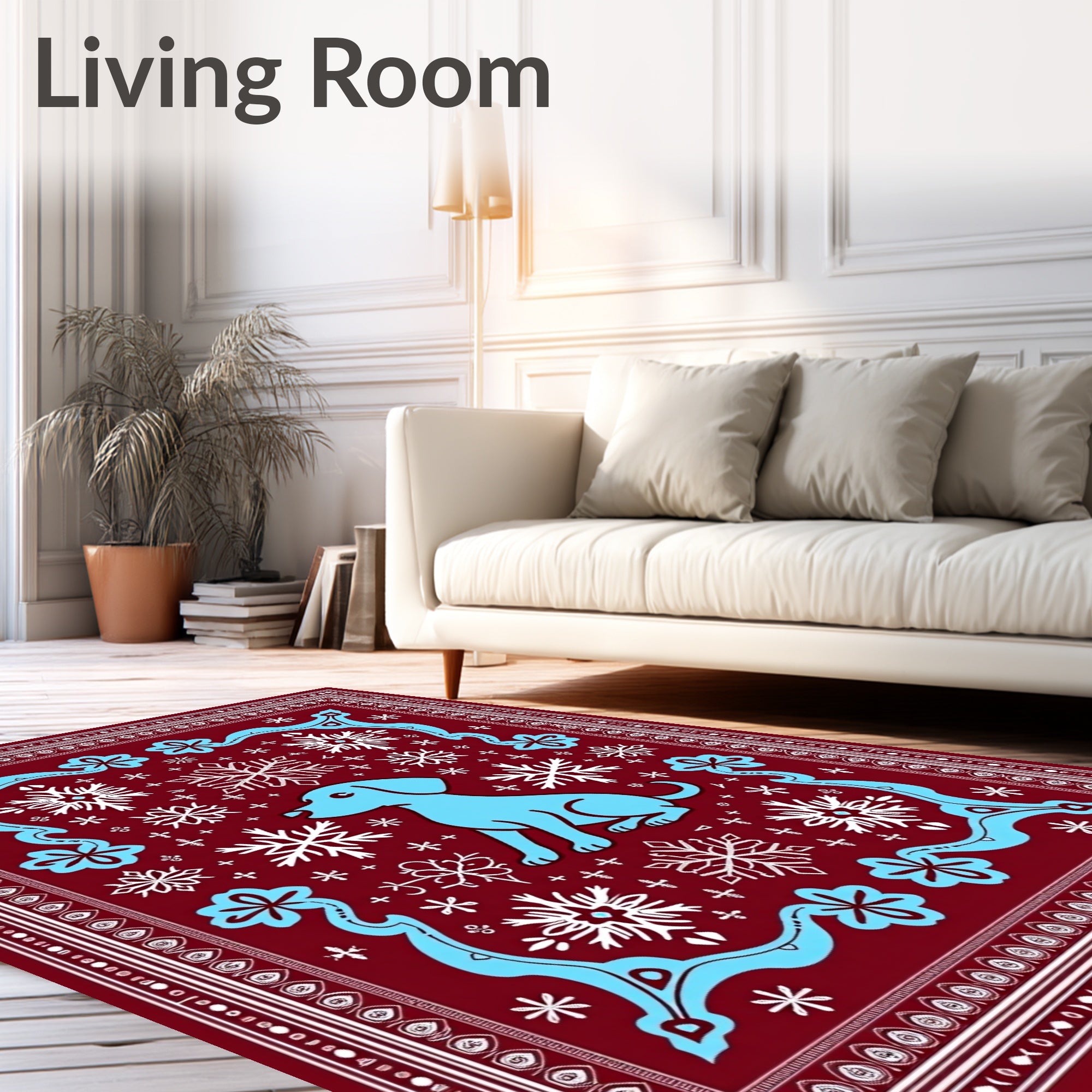 Blue Dog Snowflakes Crimson Border Rug