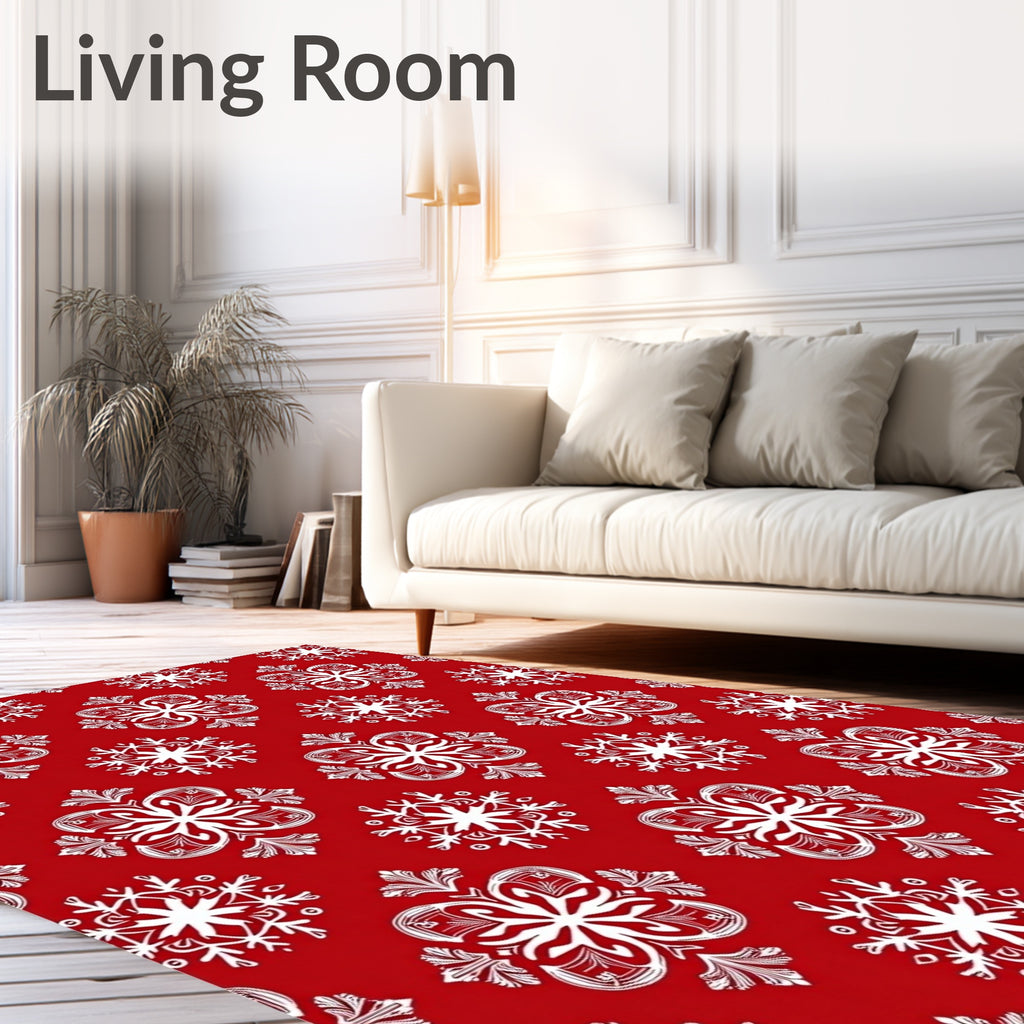 Crimson White Snowflake Mandala Arrangement Rug