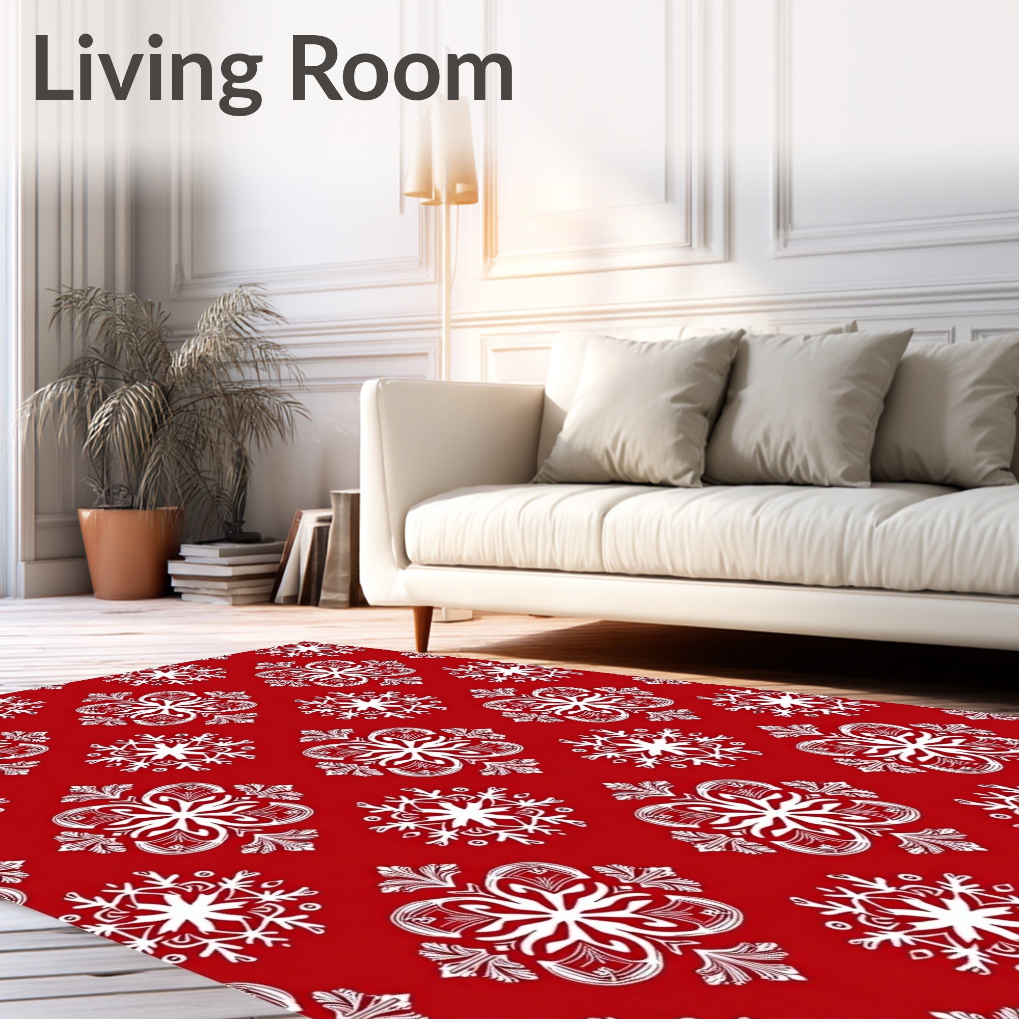 Crimson White Snowflake Mandala Arrangement Rug