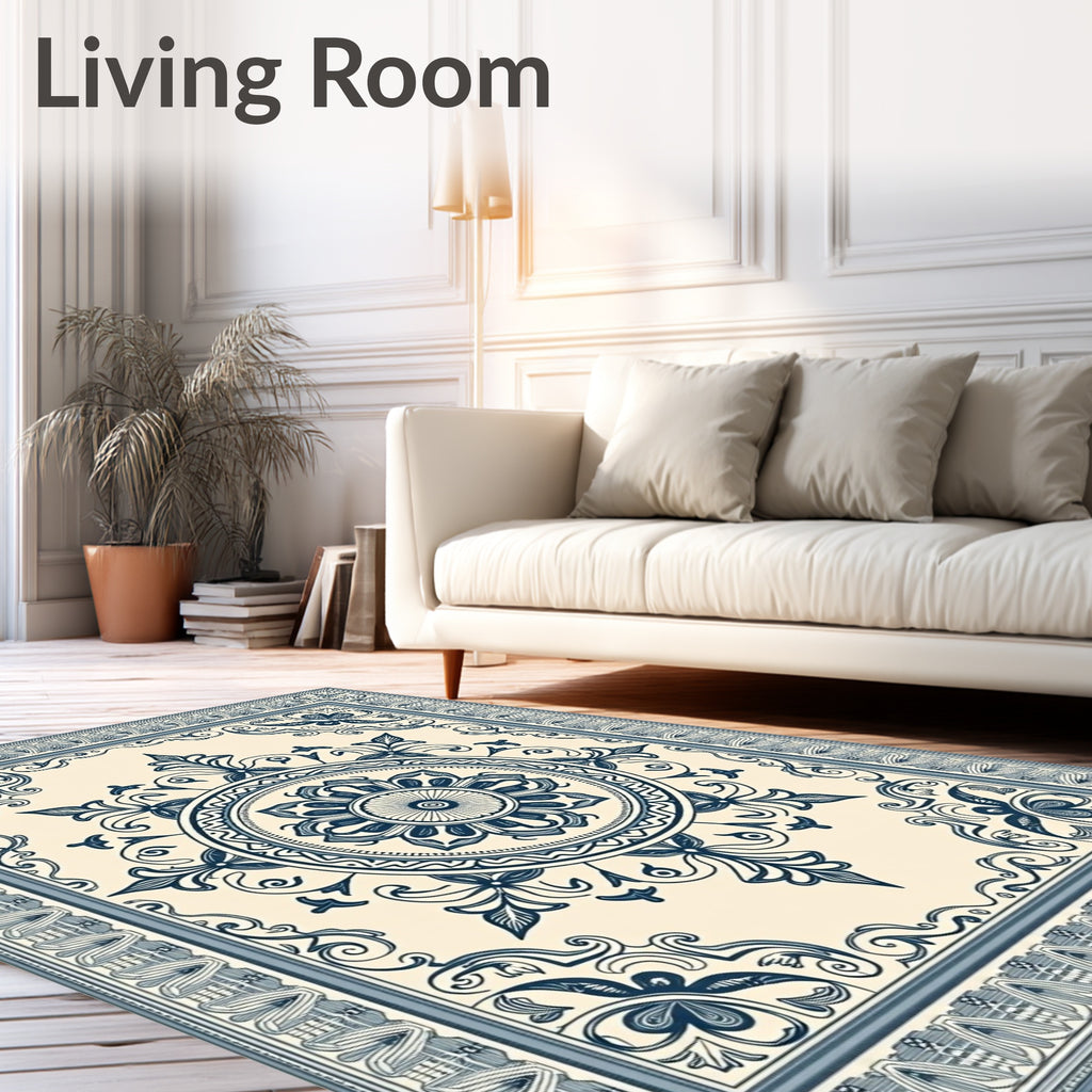 Ivory Blue Floral Medallion Border Rug