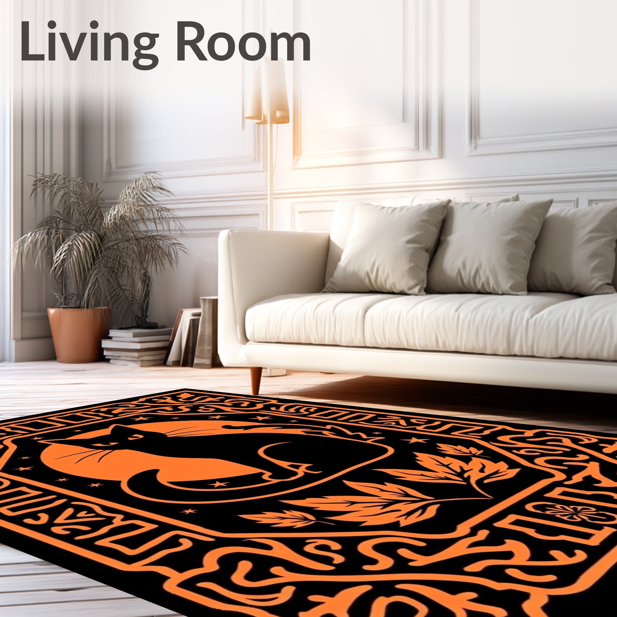Black Cat Moon Orange Border Rug