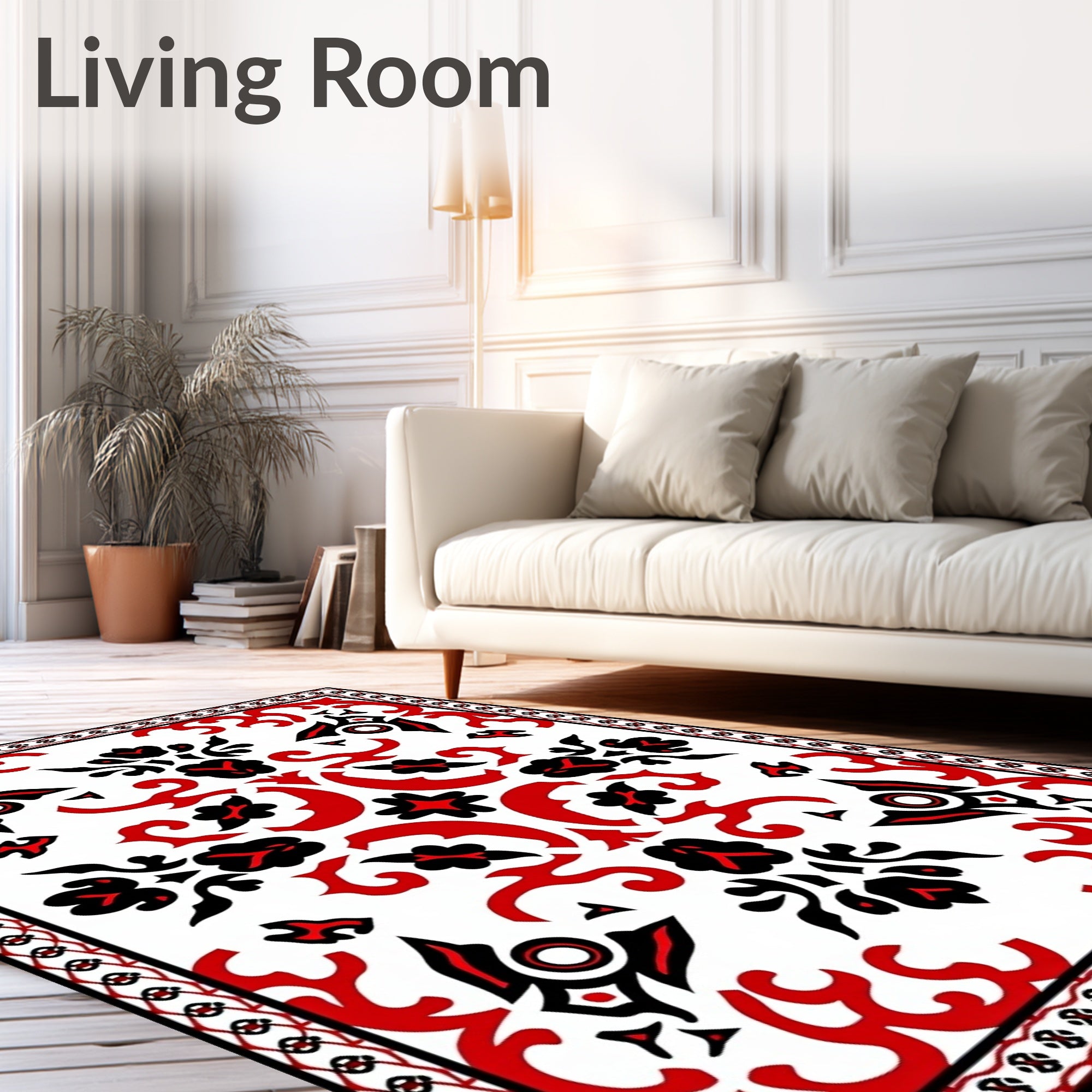 Bold Red Black Botanical Accents Rug