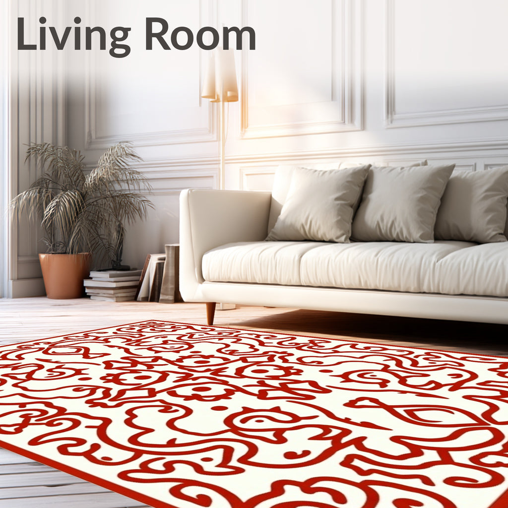 Crimson Whimsical Scrollwork Medallion Rug