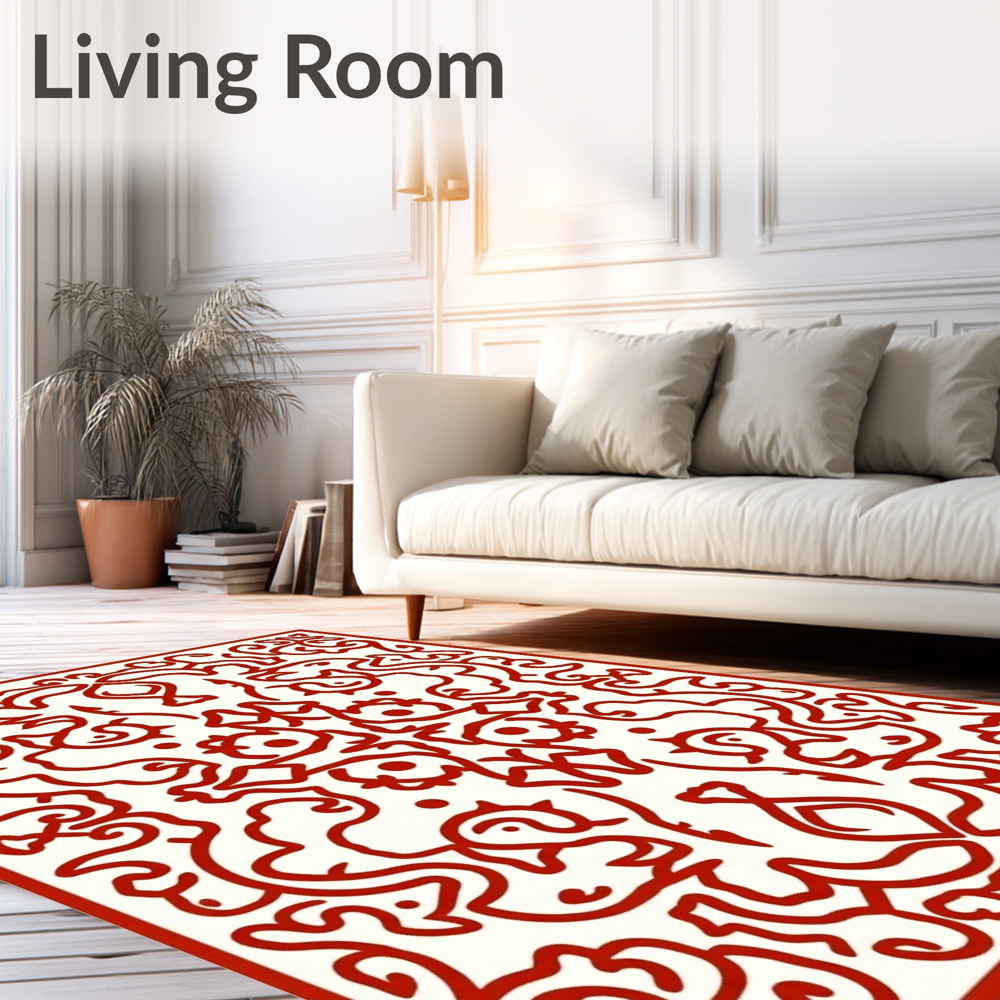 Crimson Whimsical Scrollwork Medallion Rug