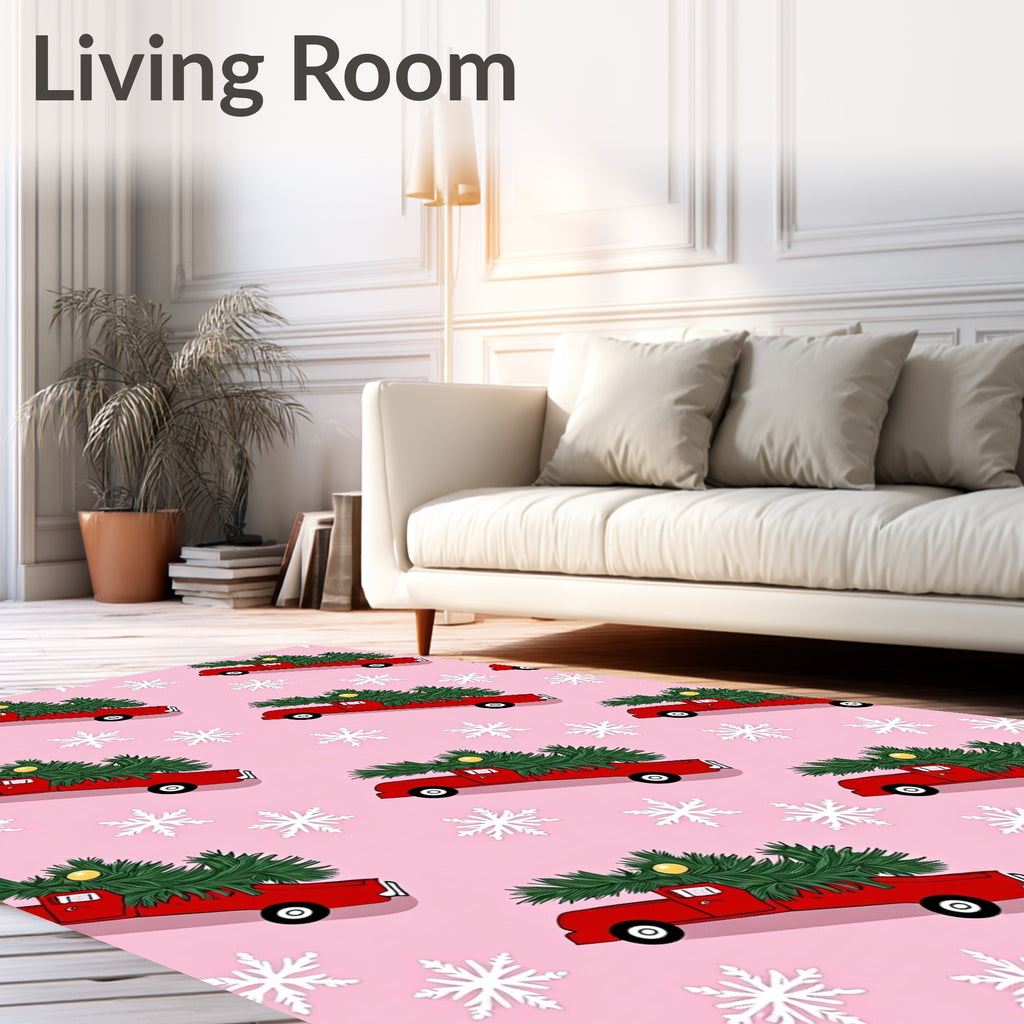 Red Truck Christmas Tree Snowflakes Rug