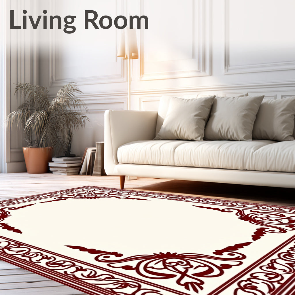 Deep Crimson Ornamental Floral Border Rug