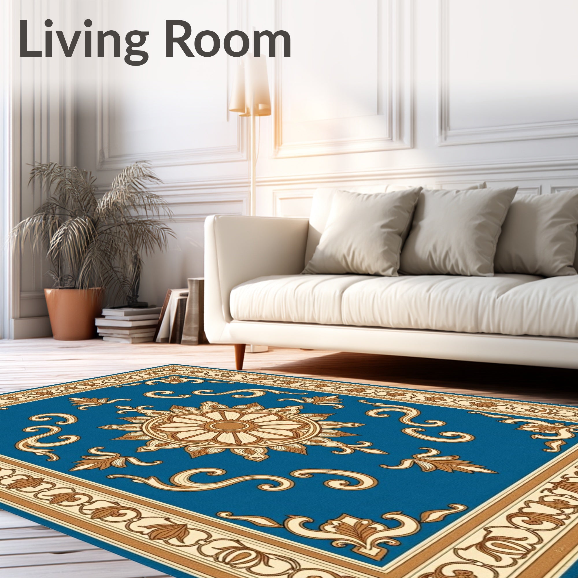 Golden Floral Medallion Blue Rug