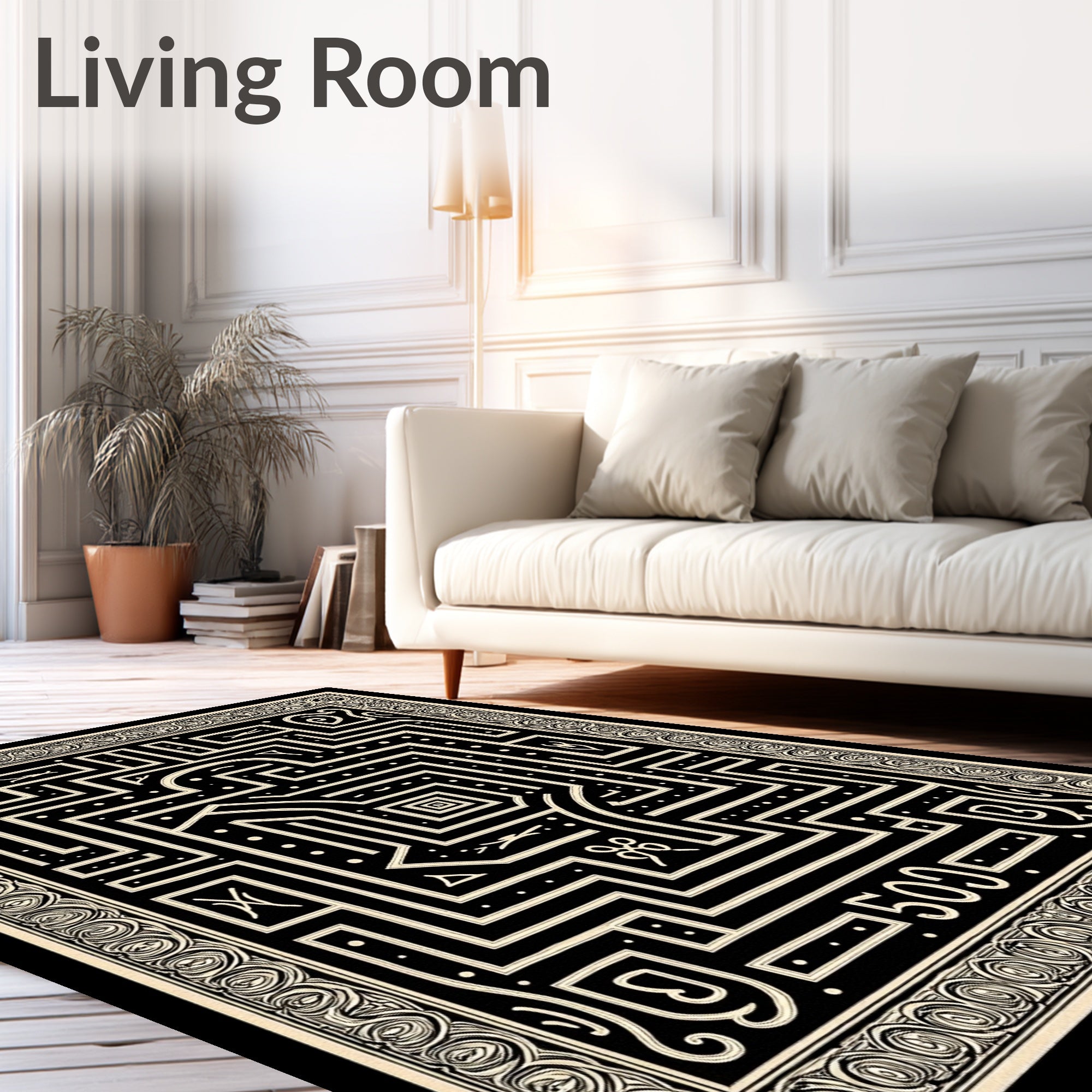 Black Cream Maze Line Art Rug