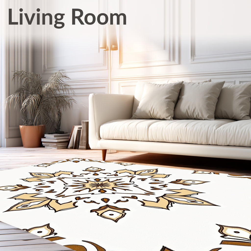 Cream Brown Floral Starburst Mandala Rug