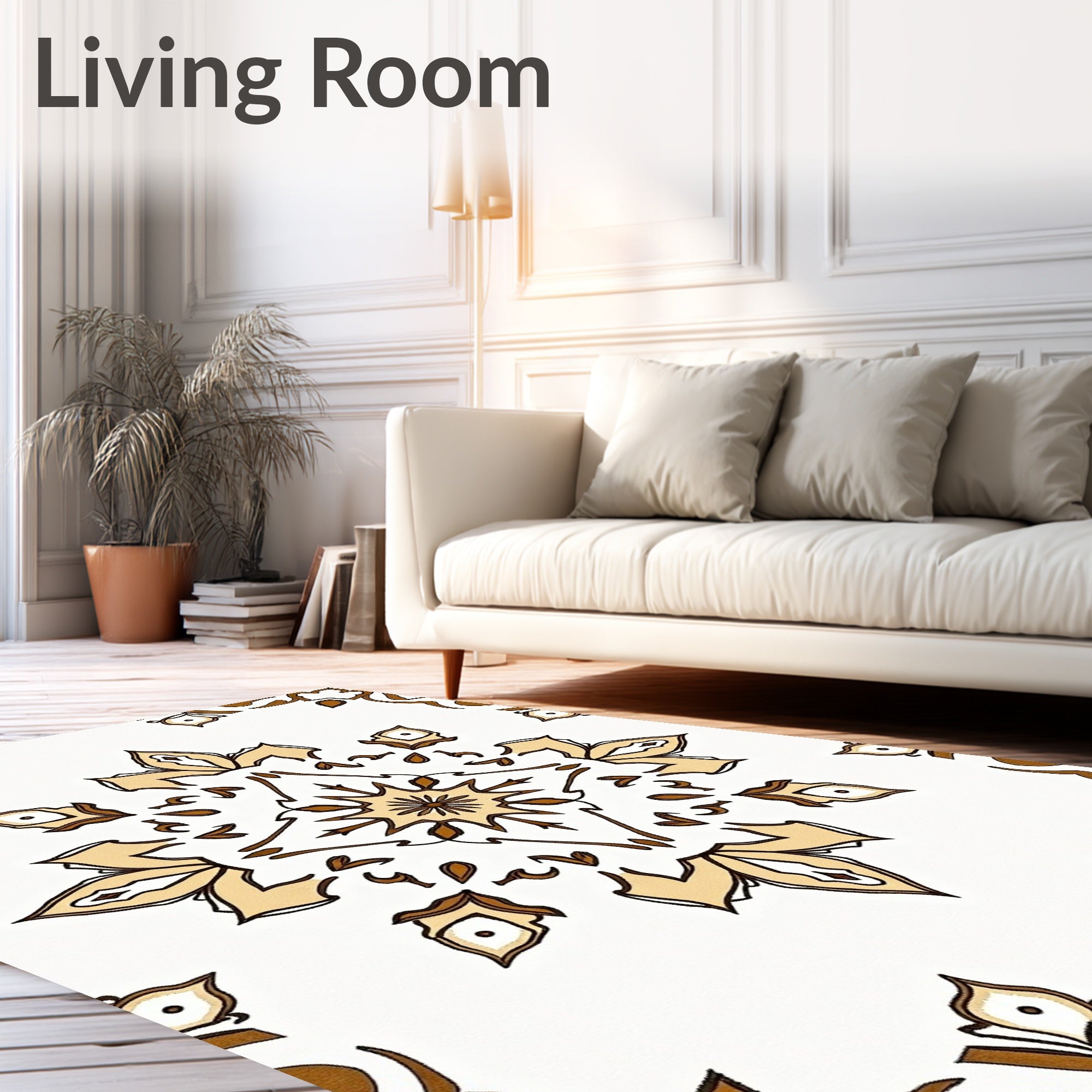 Cream Brown Floral Starburst Mandala Rug