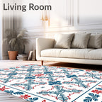 Navy Red Geometric Floral Border Rug