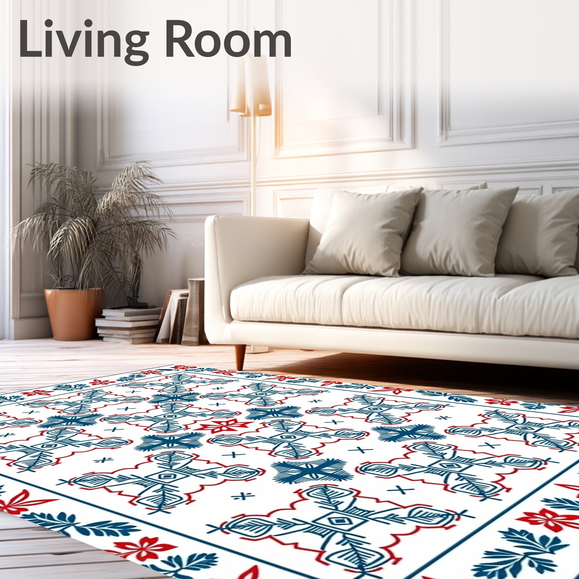 Navy Red Geometric Floral Border Rug
