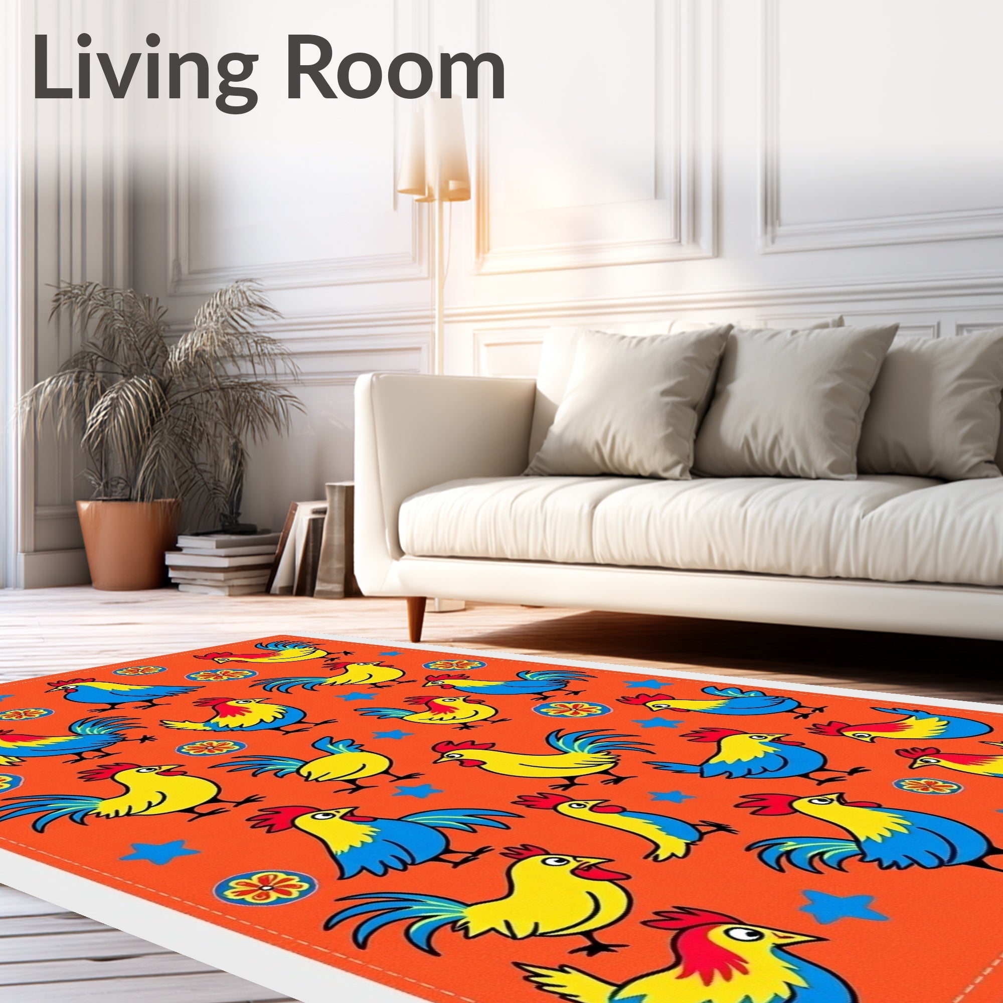 Whimsical Roosters on Orange Background Rug