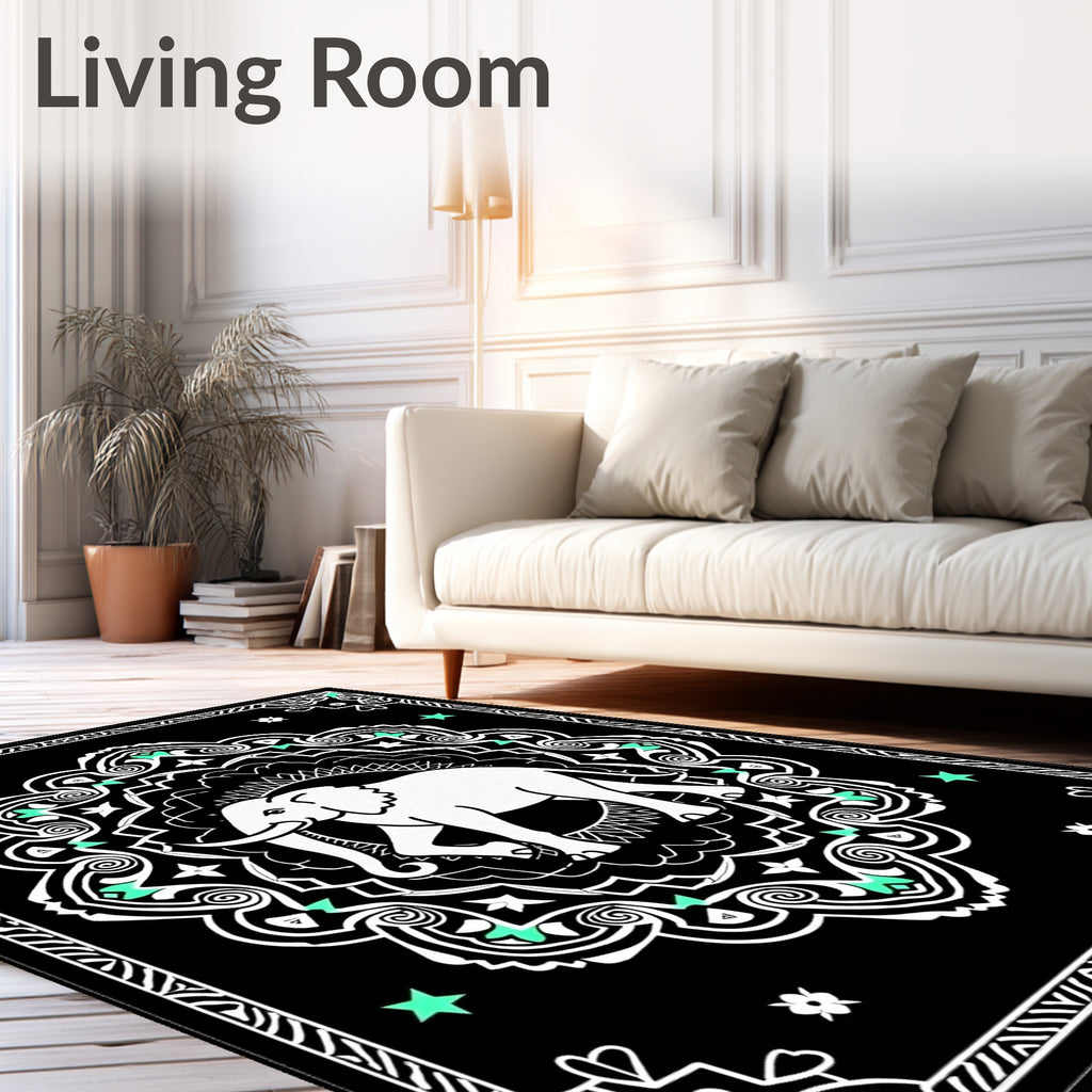 Black White Elephant Medallion Mint Accents Rug