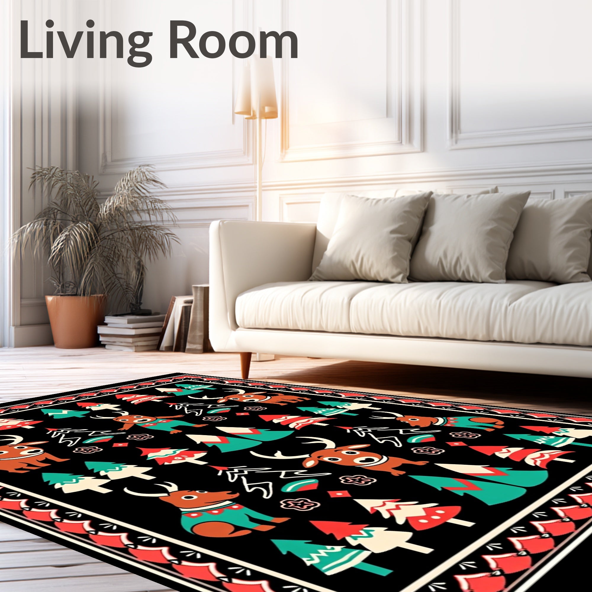 Festive Reindeer And Pine Trees Rug