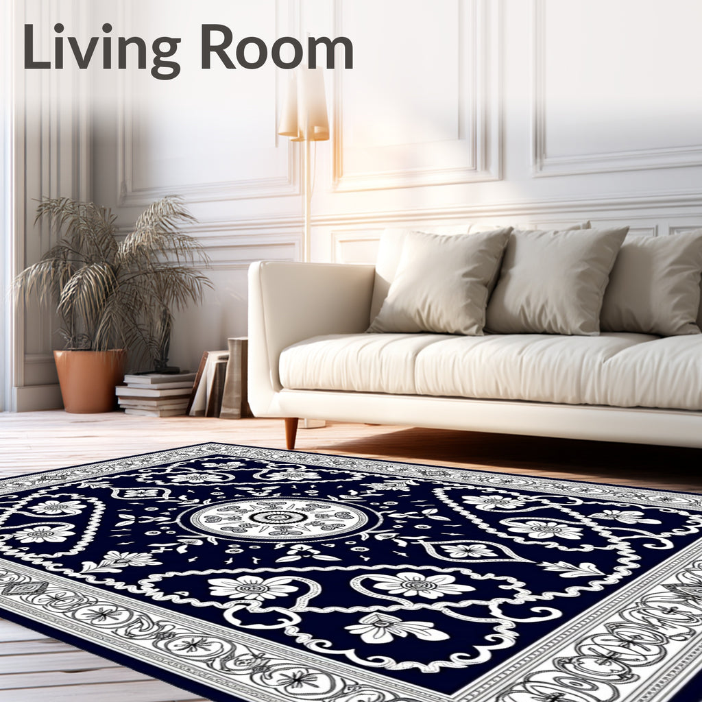 Deep Navy White Floral Medallion Border Rug