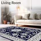 Deep Navy White Floral Medallion Border Rug