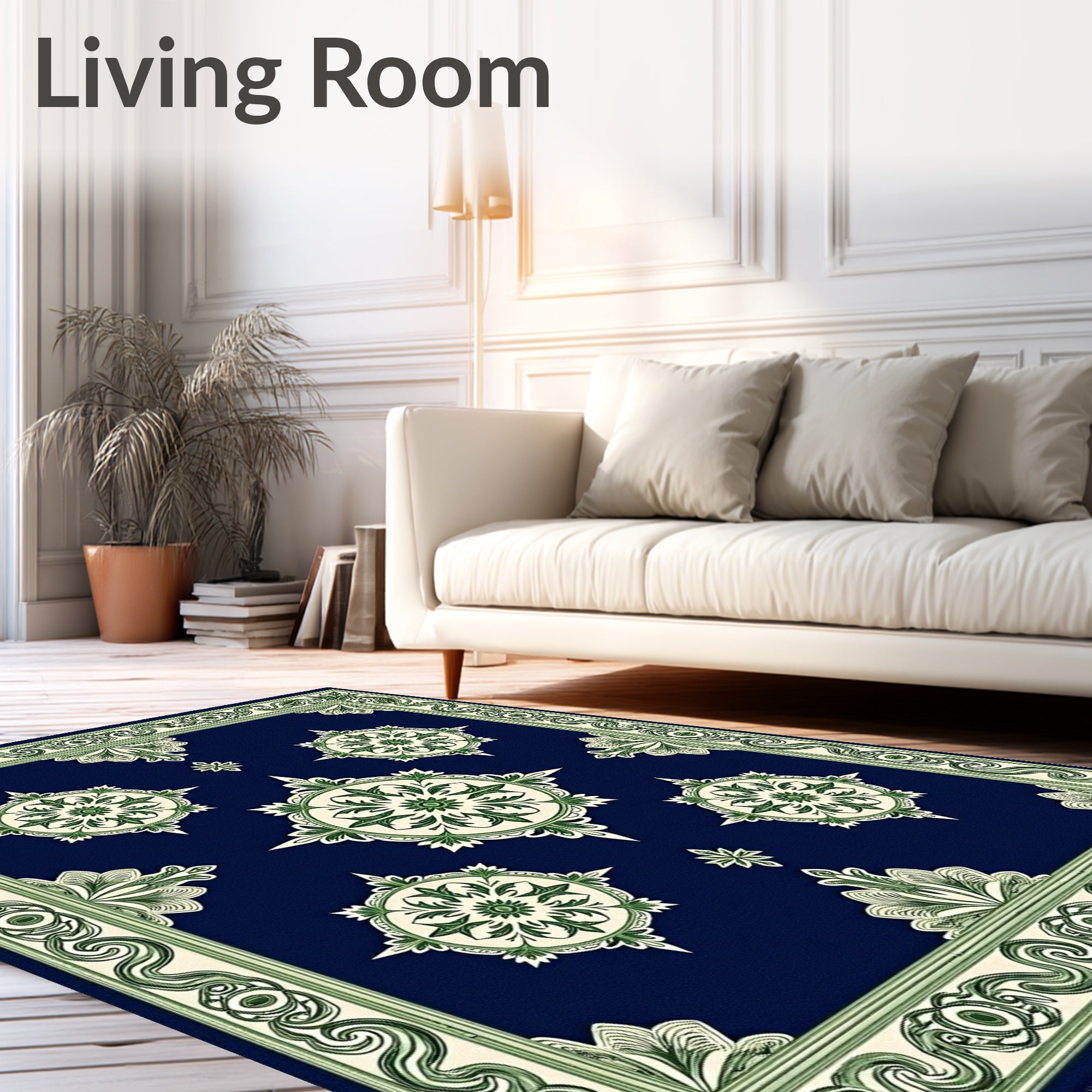 Classic Navy Green Medallion Border Rug