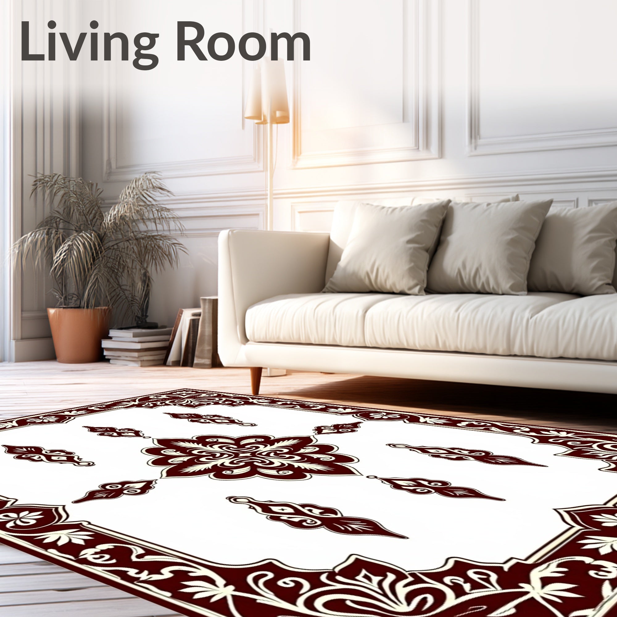 Deep Red Off White Ornate Symmetry Rug