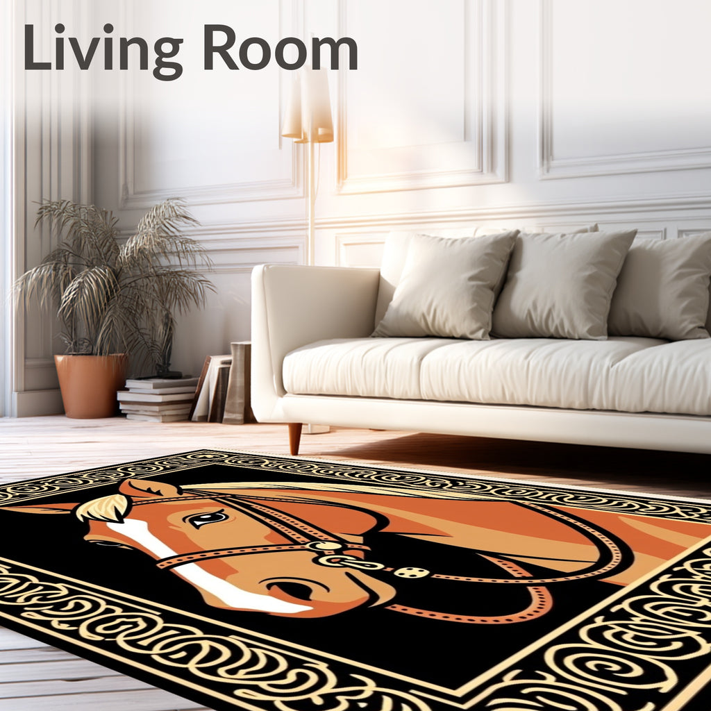 Golden Horse Portrait with Ornate Border Rug