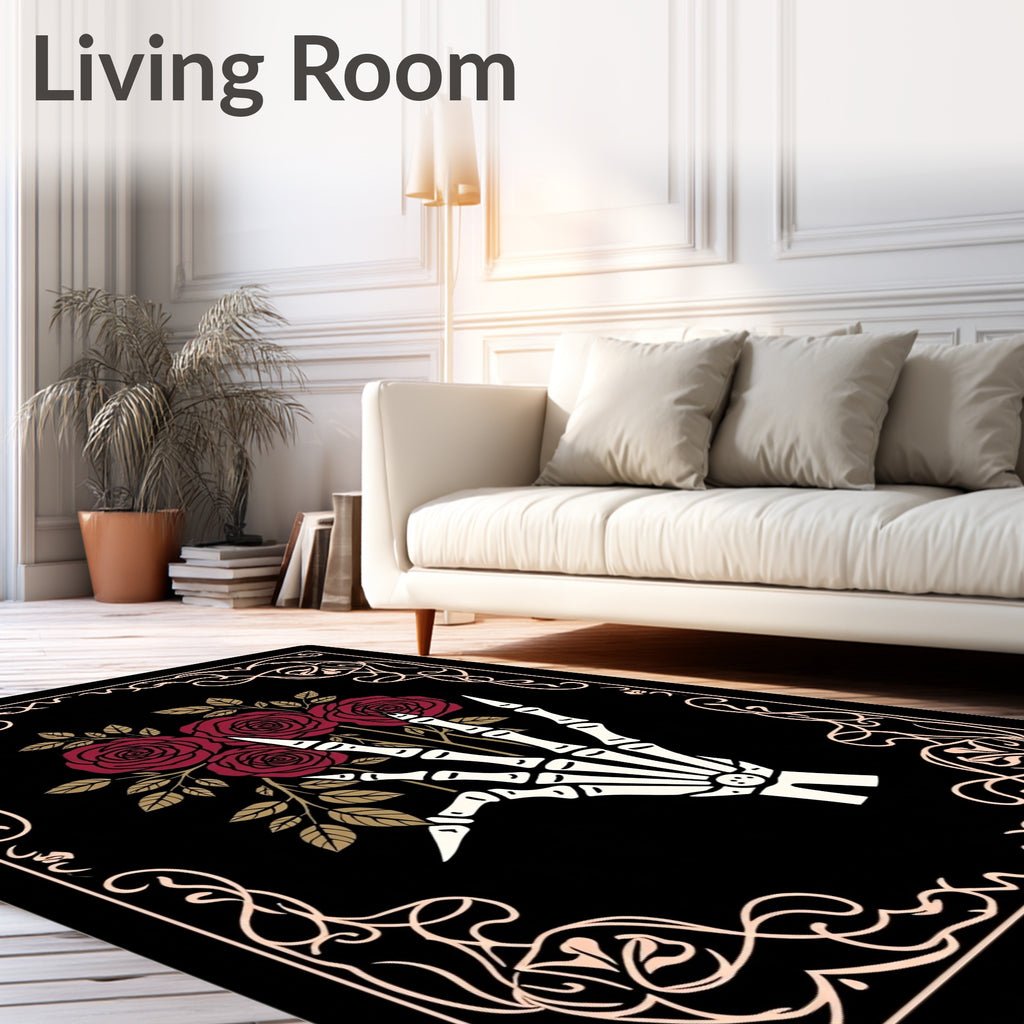 Dark Red Roses Skeleton Hand Frame Rug