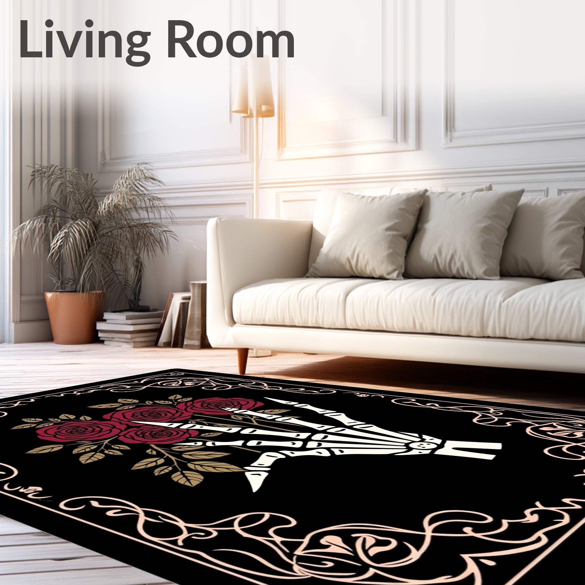 Dark Red Roses Skeleton Hand Frame Rug