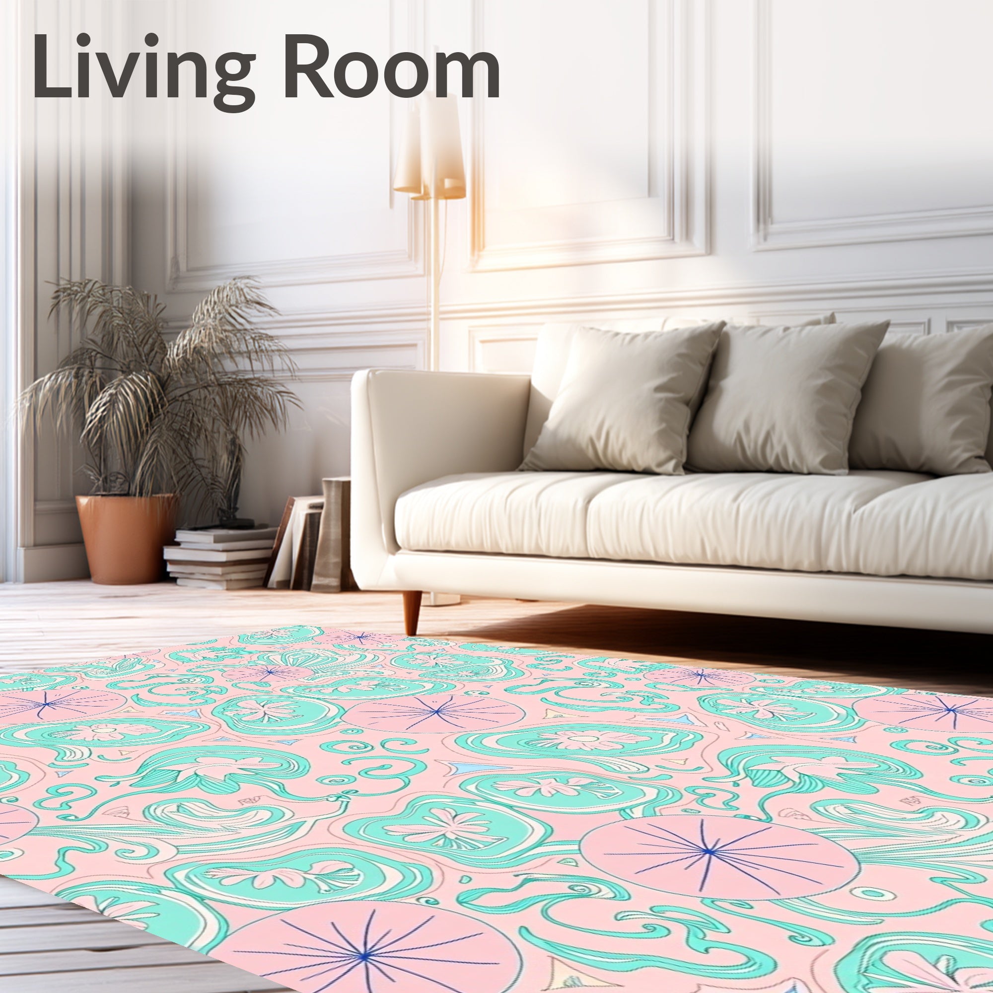 Whimsical Pink Mint Swirl Floral Rug