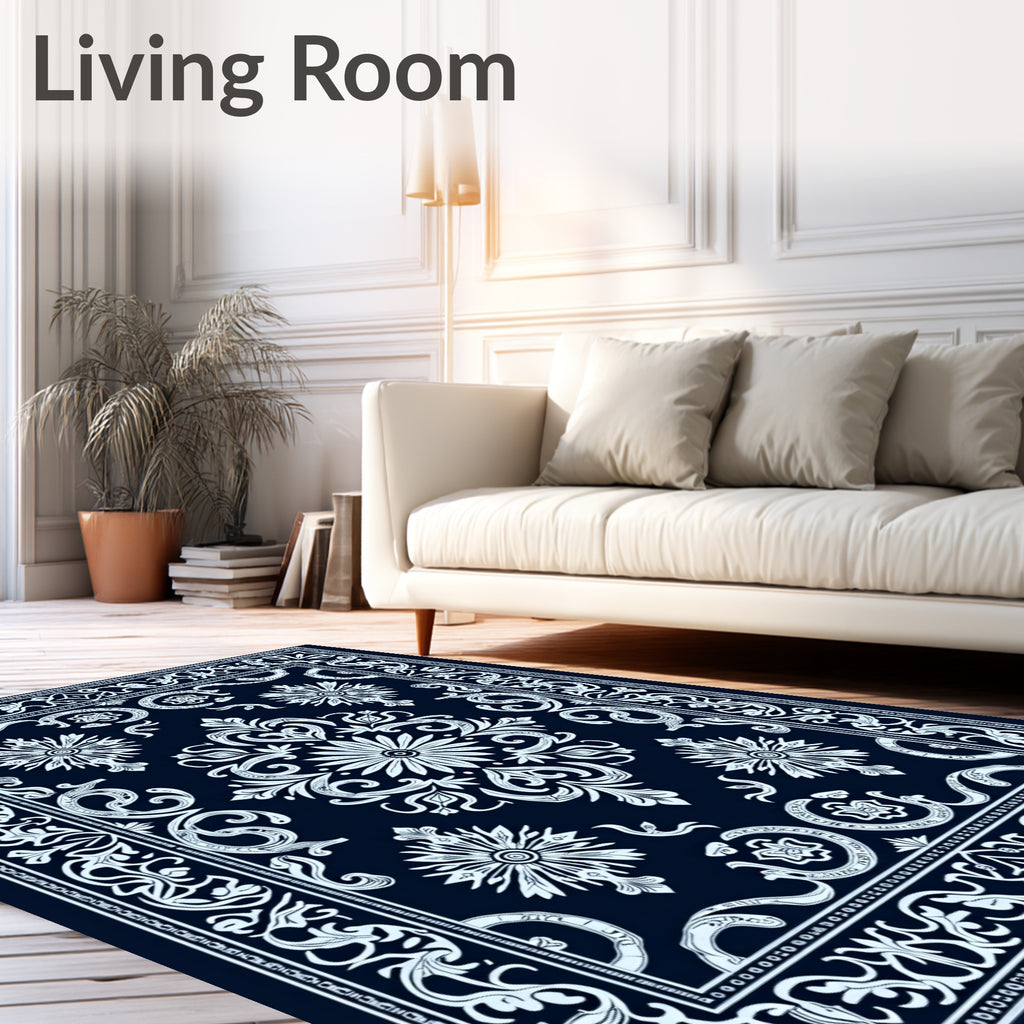 Navy Blue Floral Medallion Damask Rug
