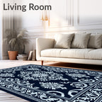 Navy Blue Floral Medallion Damask Rug