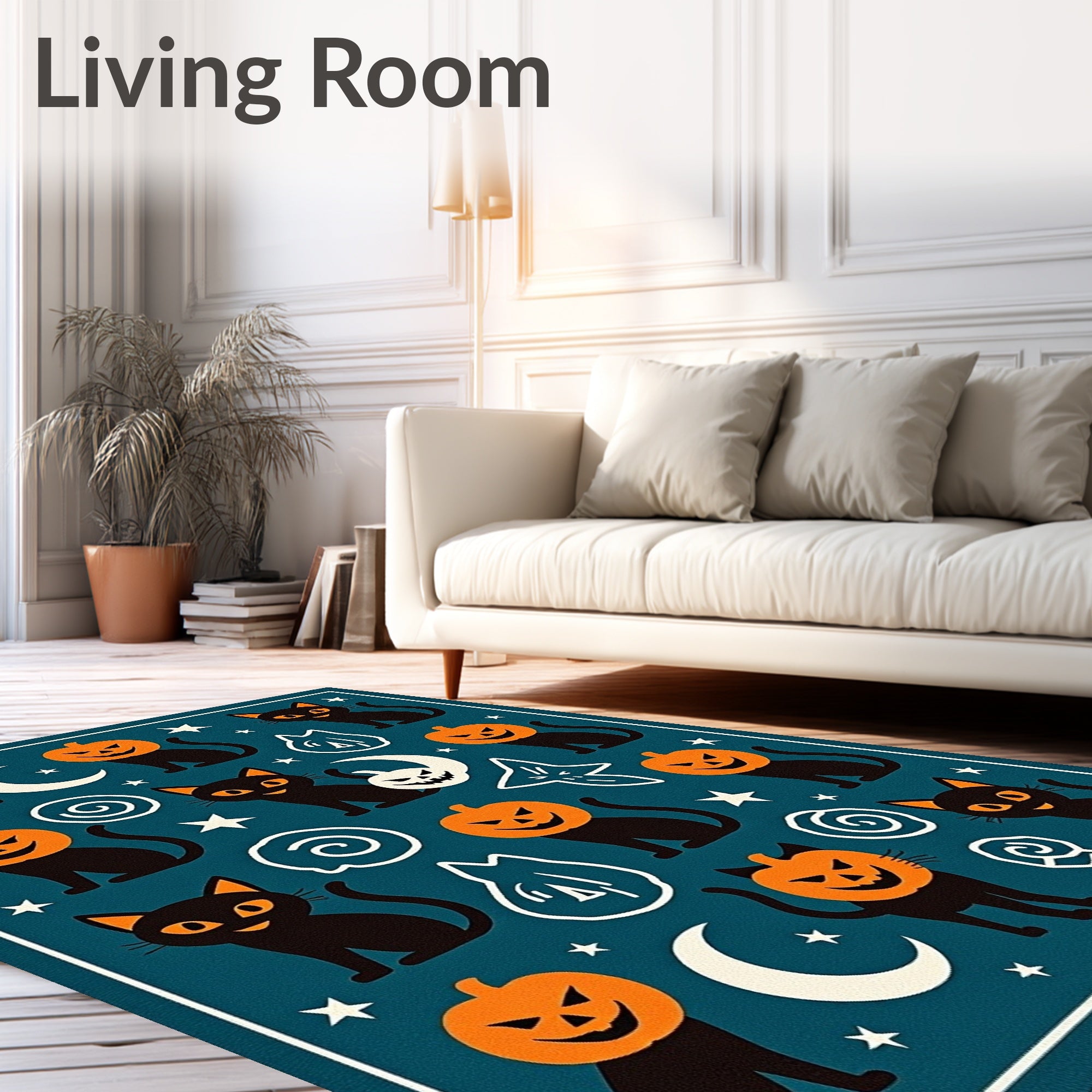 Spooky Black Cats Pumpkin Heads Halloween Rug