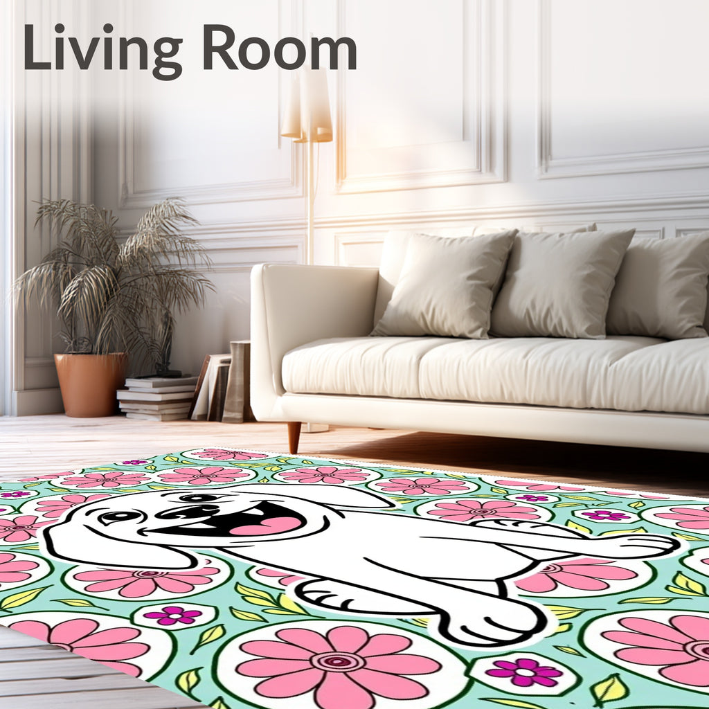 Happy White Puppy Floral Medallion Rug