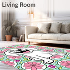 Happy White Puppy Floral Medallion Rug