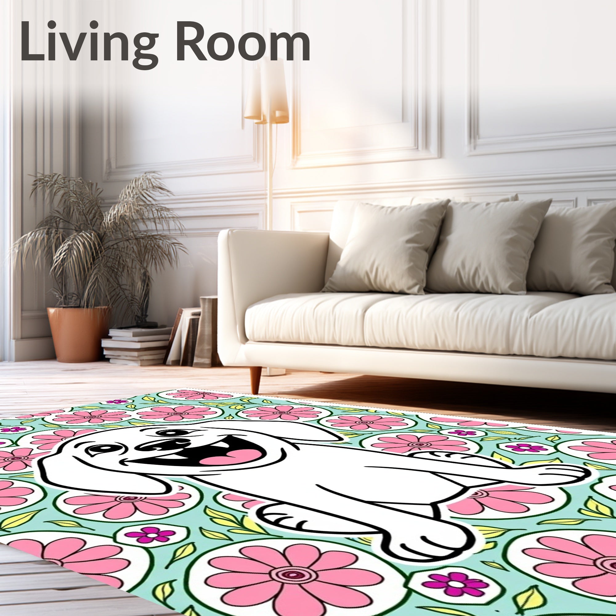 Happy White Puppy Floral Medallion Rug